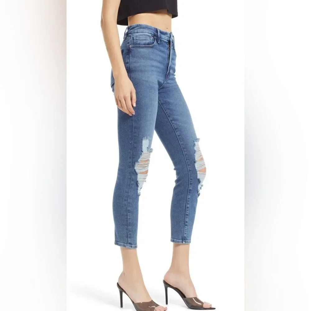 NEW GOOD AMERICAN Good Waist Crop Jean - Shadow Pockets Blue 855 Size 2